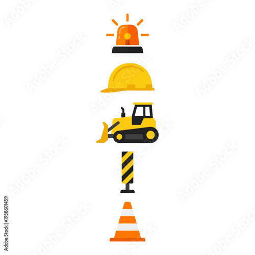 Flat vector construction safety icons: hard hat, bulldozer, warning light, traffic cone for industrial work.