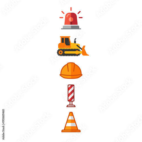 Modern flat vector graphic elements representing construction safety equipment and warning signs for industrial sites.
