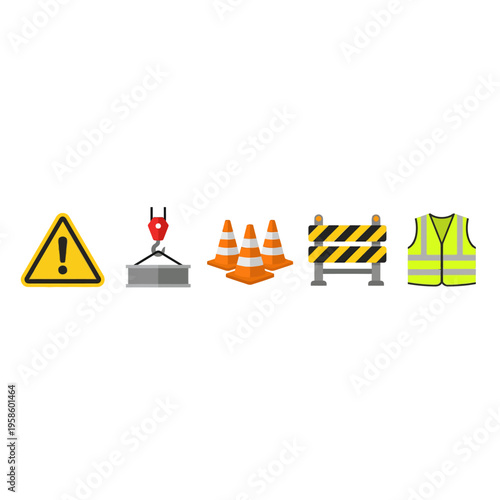 Illustrating a series of flat design construction safety icons, including warning signs, equipment, and protective gear for a work zone.