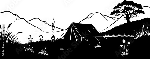 Vector illustration of camping scene with tent and mountains