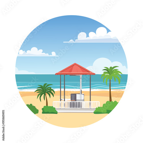 Beachfront scene with red gazebo palm trees and ocean view in bright sunlight