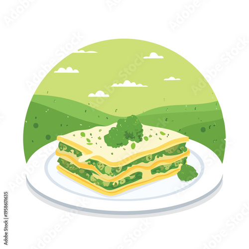 Delicious vegetarian lasagna on a plate with green scenery background