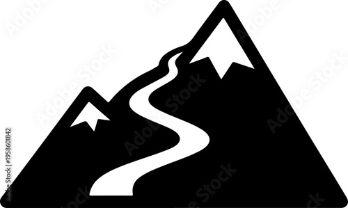 Mountain range icons, black silhouette, road trail vector graphics, outdoor adventure symbols