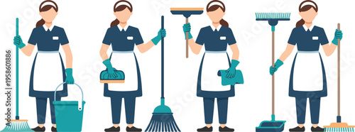 Set of four cartoon female cleaning staff with tools housekeeping service workers janitor characters illustration collection