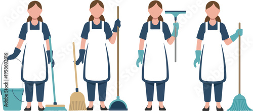Set of four cartoon female cleaning staff with tools housekeeping service workers janitor characters illustration collection