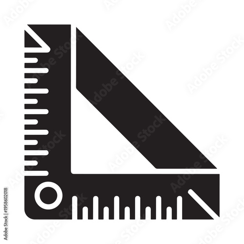 Black and white icon depicting a triangular ruler with measurements