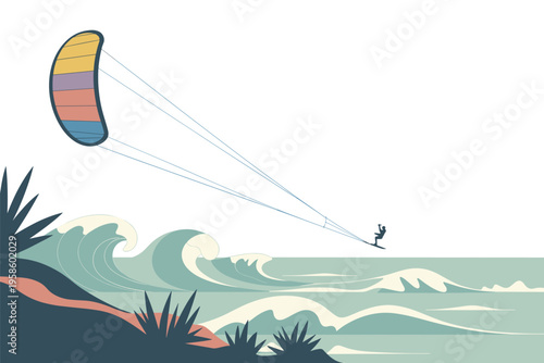 Kitesurfer riding waves in the ocean, water sport  with copy space