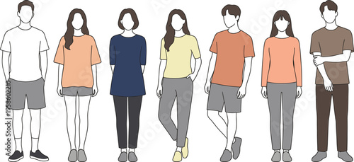 Casual young people standing together, diverse men and women in everyday clothing, modern lifestyle flat vector illustration isolated on white background