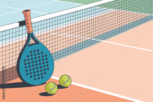 Padel Racket and Balls on Court, padel sport concept