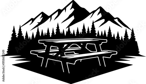 Black and white picnic table, mountain landscape vector, outdoor recreation icon, camping symbol