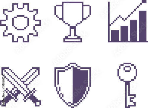 Collection of retro pixel art icons featuring settings gear trophy growth chart swords shield and key.