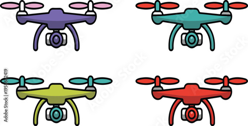 Four colorful drone icons with cameras isolated on white background, modern aerial technology devices for photography and surveillance vector illustration