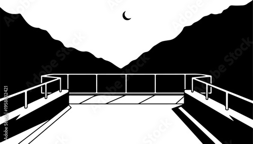 Moonlit mountain highway, black and white vector landscape, crescent moon scenery, minimalist road illustration