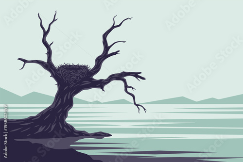Dead Tree with Bird's Nest by a Lake, wildlife nature concept with copy space