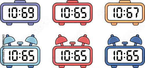 Colorful digital and analog alarm clocks displaying synchronized times, modern and classic timekeeping devices for schedule and punctuality concept illustration