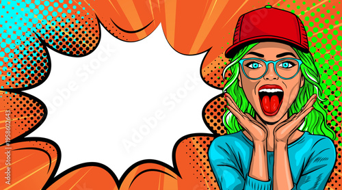 Pop Art Woman with Green Hair Red Cap and Glasses Hands on Face Excited - Retro Comic Book Style Illustration with Orange Speech Bubble