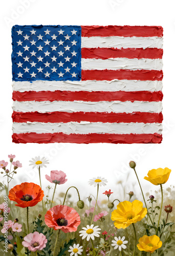 American flag rendered in thick impasto oil style with raised textured palette knife strokes, predominantly red white and blue hues, noticeable paint ridges, and a slightly abstract handmade appearanc