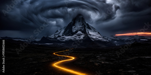 Dark mountain peak with swirling clouds and luminous winding trail