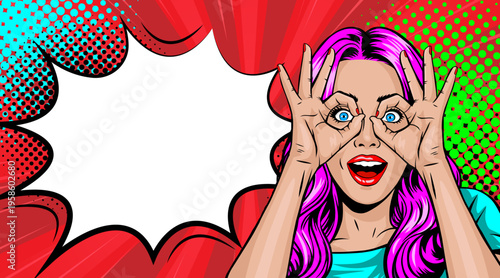 Pop Art Woman with Purple Hair Making Binoculars Gesture with Fingers - Retro Comic Book Style Illustration with Red Speech Bubble
