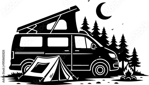 Camping van, tent, and campfire, black silhouette, outdoor adventure vector