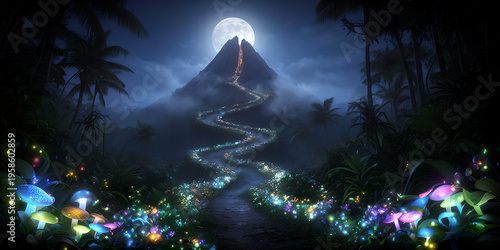 Enchanted Night Jungle Path to Glowing Volcano under Full Moon