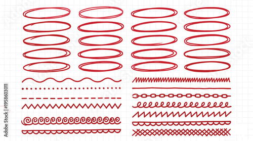 Red hand drawn sketchy circle set with diverse scribbled underline strokes and wavy decorative borders for creative school or office highlighting