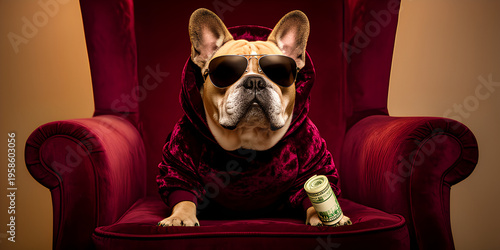 French Bulldog in red velvet hoodie and sunglasses with money.