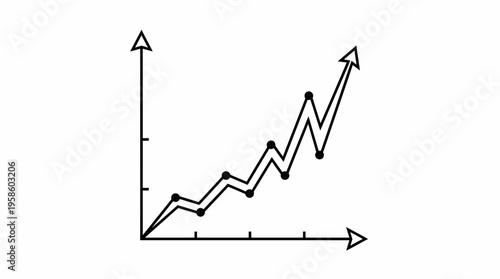 Dynamic Upward Trend Line Graph with Sharp Peaks Showing Volatility on Isolated White Background, Stock Market Chart