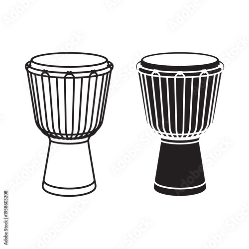 Two traditional djembe drums in a black and white illustration
