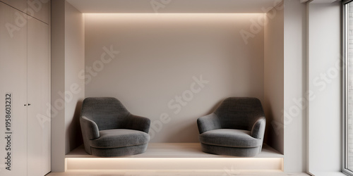 Stylish minimalist seating alcove with two gray chairs