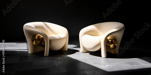 Two sculptural cream armchairs with brass details on dark floor