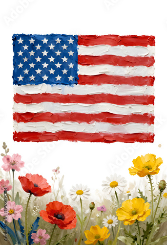 American flag rendered in thick impasto oil style with raised textured palette knife strokes, predominantly red white and blue hues, noticeable paint ridges, and a slightly abstract handmade appearanc