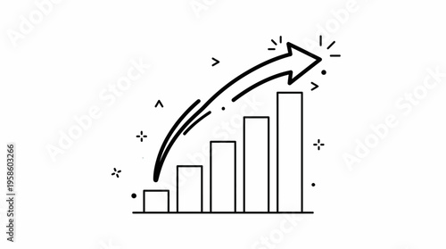 Bar Chart with Upward Arrow Symbolizing Business Growth and Success Line Art on Isolated White Background