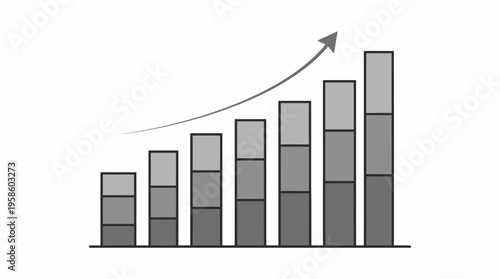 Grayscale stacked bar chart with an upward trending arrow, representing business growth and data distribution, isolated white background.