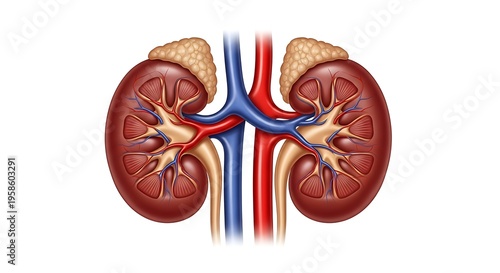 Anatomical illustration of human kidneys with blood vessels and nephrons structure shown clearly