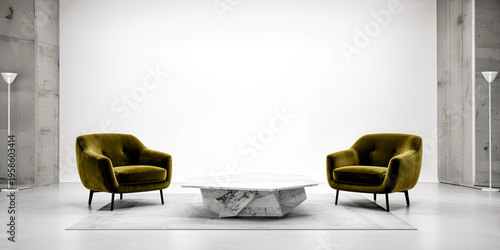 Modern living room with olive green velvet armchairs and marble table