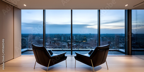Modern chairs with panoramic city skyline view at dusk