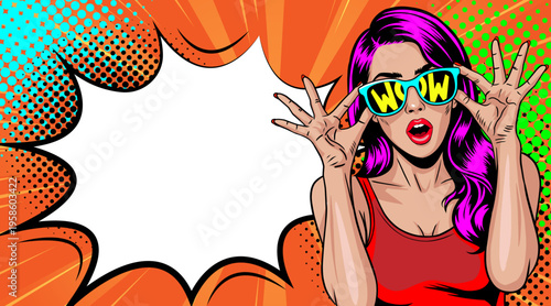 Pop Art Woman with Purple Hair and WOW Sunglasses Hands Up - Retro Comic Book Style Illustration with Orange Speech Bubble and Comic Elements