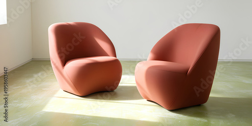 Contemporary rust-colored lounge chairs in sunlit studio