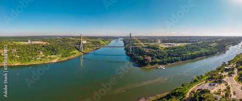 Aerial panorama of Ponte da Integracao Brasil Paraguai over Parana River near Triple Frontier in Foz do Iguacu Brazil