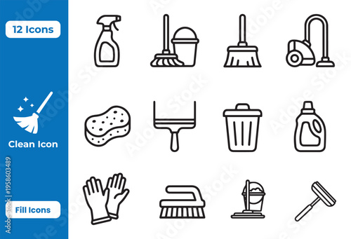 Set of 12 clean icons, outline style, featuring household cleaning items like spray bottle, broom, sponge, bucket, dustpan, trash can, and detergent