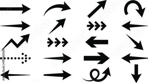 Solid black arrow icon set featuring various silhouettes including curved dotted and bold directional pointers for web design