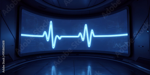 Glowing blue heartbeat signal on curved monitor in dark room