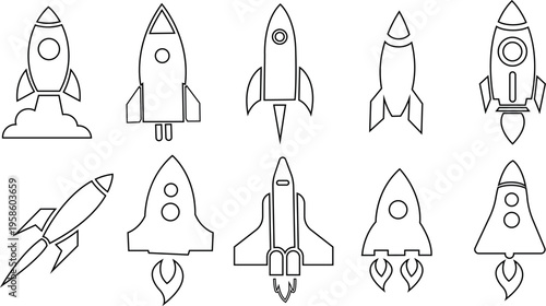 Collection of various rocket ship illustrations in different angles and designs