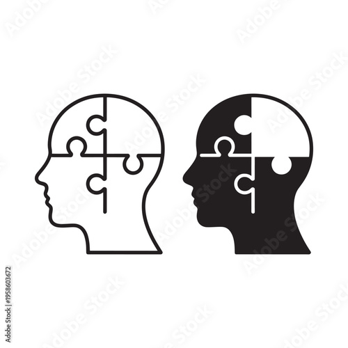 Two human head profiles formed from puzzle pieces representing thought