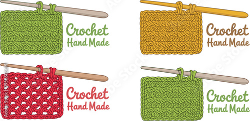 Handmade Crochet Swatches with Hooks Illustration Set in Green Red and Golden Yellow Yarn Colors