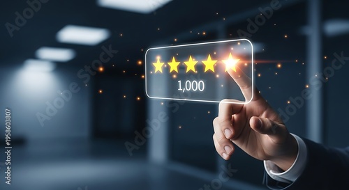 Business professional holding glowing 5-star rating hologram for customer satisfaction and success concept