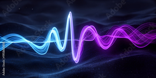 Glowing sound waves in blue and purple on dark background