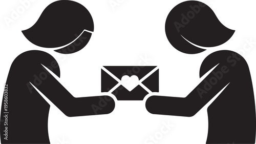 Vector art of black silhouette of two women exchanging a loving heart shaped letter