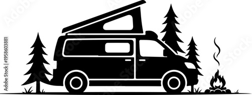 Vector camper van icon with trees and campfire